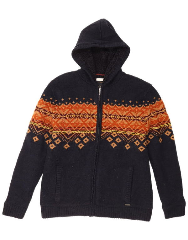Weird Fish Mens Hooded Cardigan Sweater Medium Navy Blue Fair Isle Acrylic