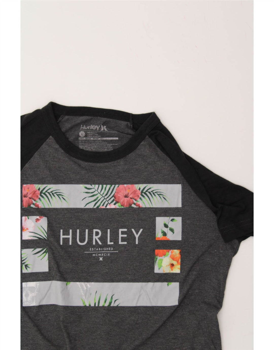 HURLEY Mens Graphic T-Shirt Top Large Grey Colourblock Cotton Vintage Hurley and Second-Hand Hurley from Messina Hembry 