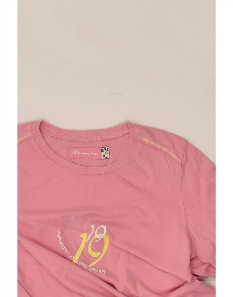 CHAMPION Girls Graphic Top Long Sleeve 13-14 Years XL Pink Cotton | Vintage Champion | Thrift | Second-Hand Champion | Used Clothing | Messina Hembry 