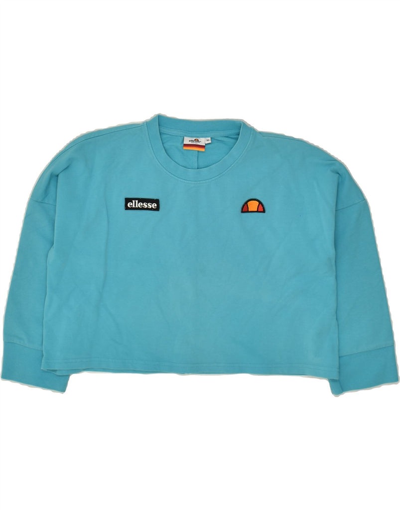 ELLESSE Womens Oversized Crop Graphic Sweatshirt Jumper UK 6 XS Blue | Vintage Ellesse | Thrift | Second-Hand Ellesse | Used Clothing | Messina Hembry 