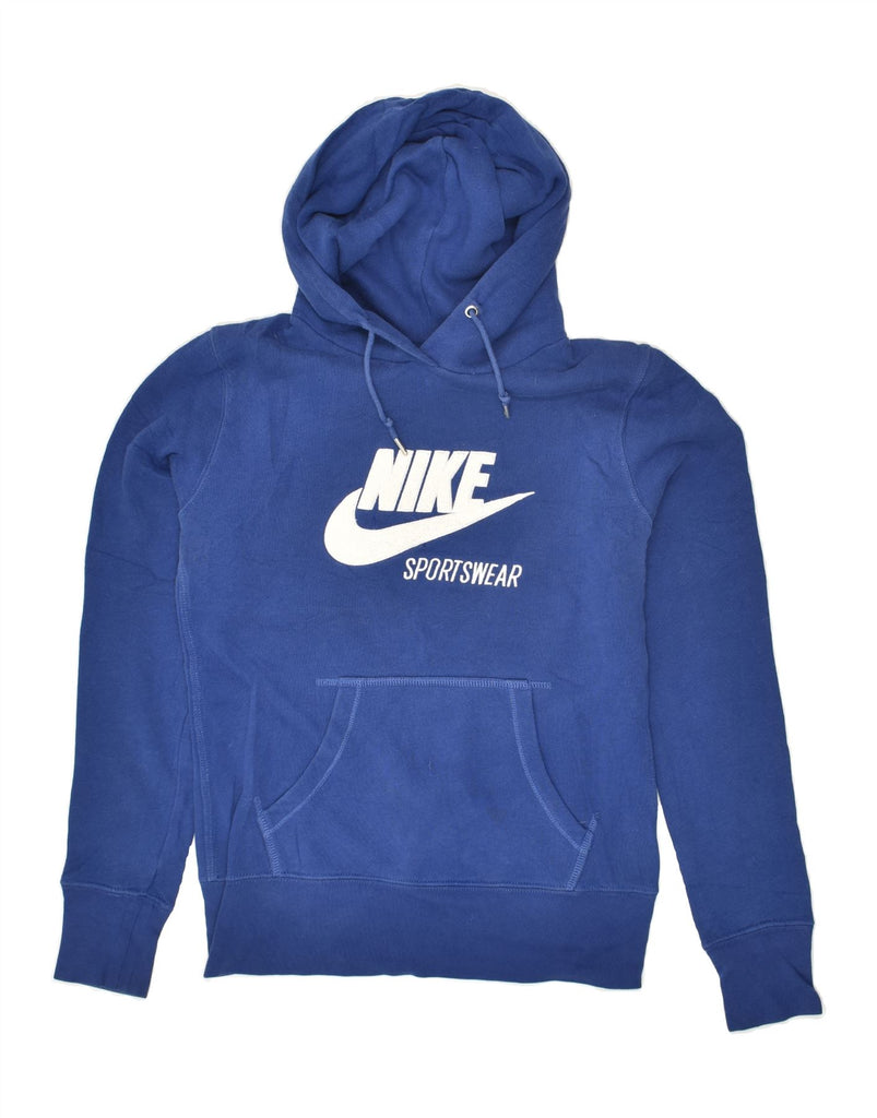 NIKE Womens Graphic Hoodie Jumper UK 10 Small Blue Cotton | Vintage Nike | Thrift | Second-Hand Nike | Used Clothing | Messina Hembry 