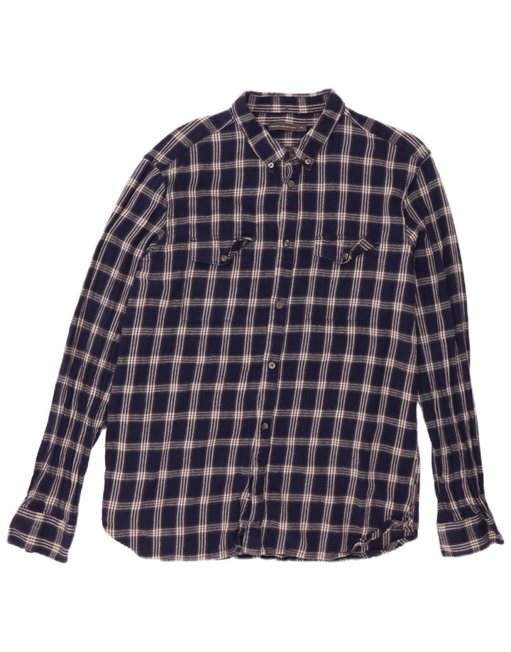 FRENCH CONNECTION Mens Flannel Shirt XL Navy Blue Check Cotton