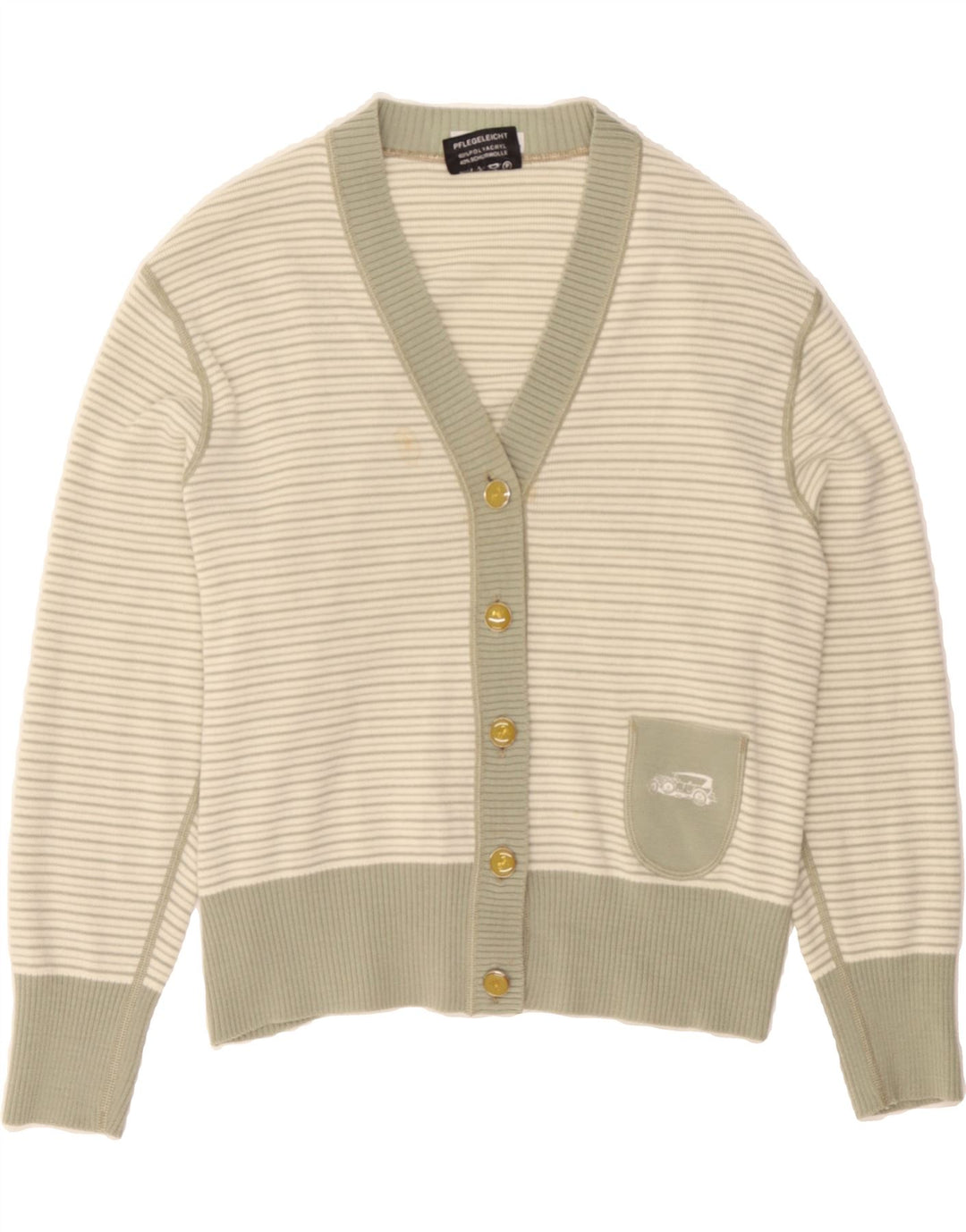 VINTAGE Womens Cardigan Sweater UK 12 Medium Beige Striped Polyacrylic Vintage Vintage and Second-Hand Vintage from Messina Hembry 