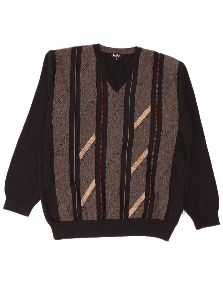 Hajo Mens V-Neck Jumper Sweater Medium Black Colourblock Wool