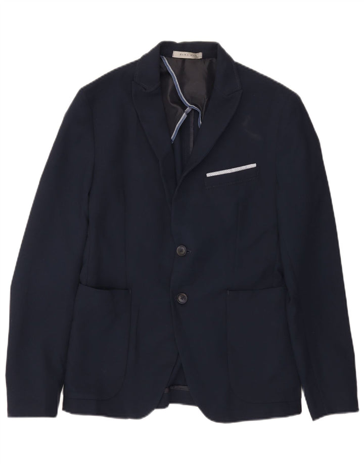 Zara Mens 2 Button Blazer Jacket UK 36 Small Navy Blue Polyester