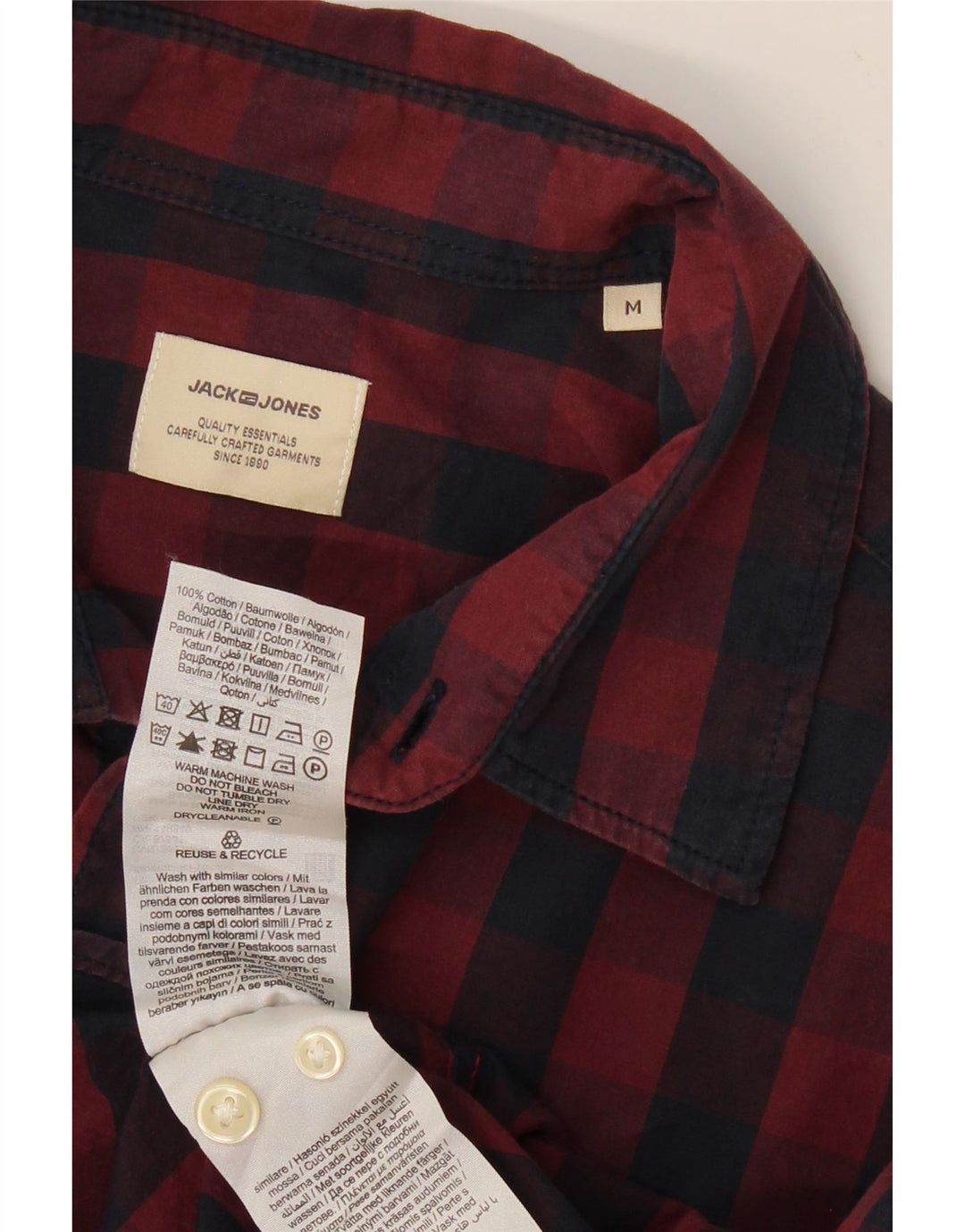 JACK & JONES Mens Shirt Medium Burgundy Check Cotton