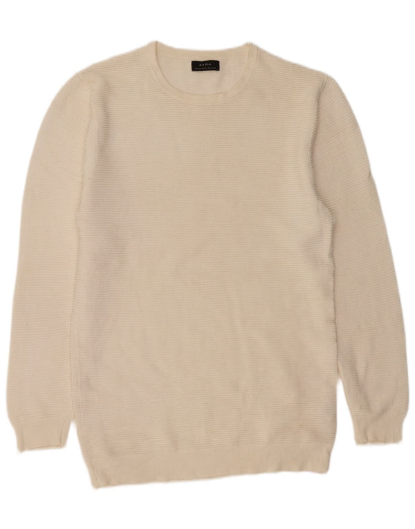 Zara Mens Crew Neck Jumper Sweater Large Off White Cotton
