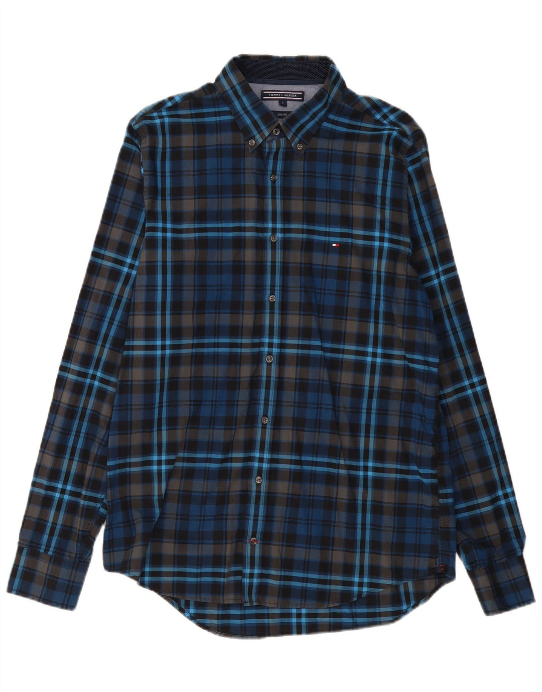 TOMMY HILFIGER Mens Slim Fit Shirt Large Navy Blue Check Cotton