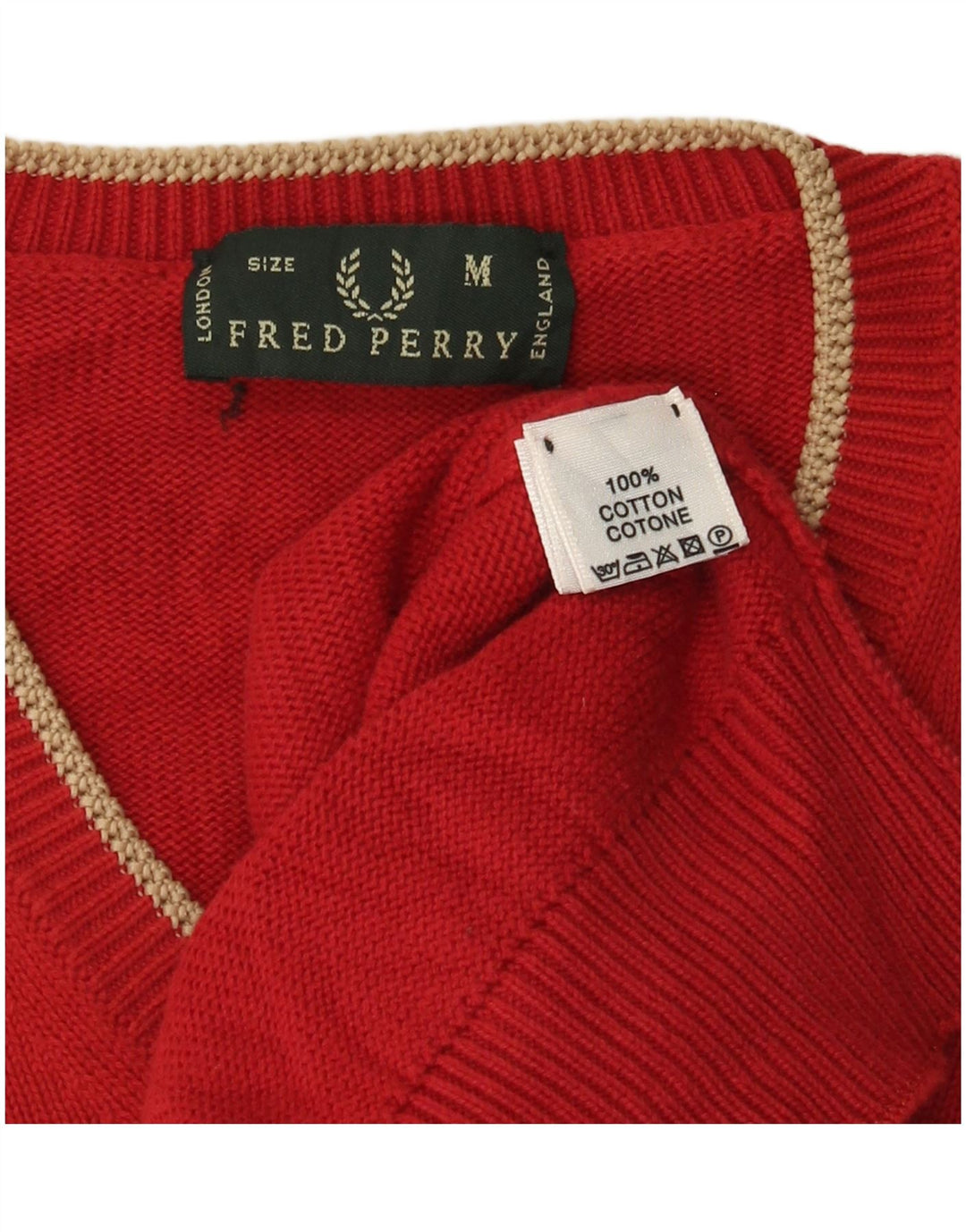 Fred Perry Mens V-Neck Jumper Sweater Medium Red Cotton
