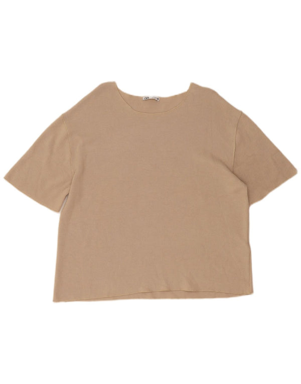 Zara Womens Short Sleeve Crew Neck Jumper Sweater UK 16 Large Beige