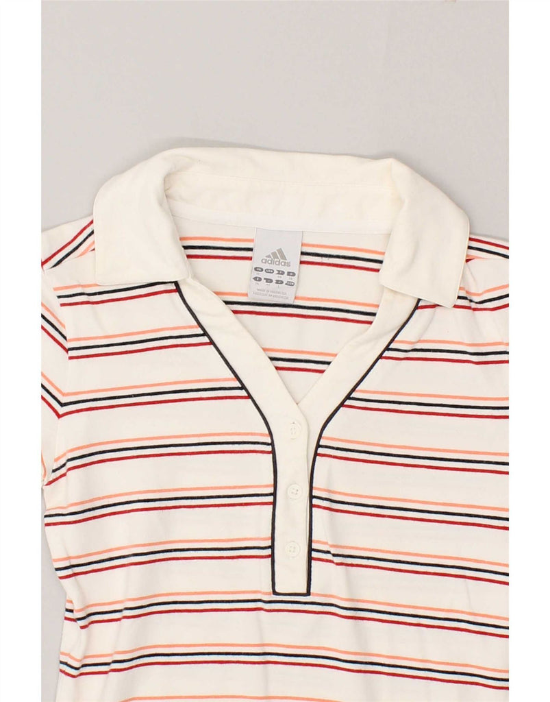 ADIDAS Womens Polo Shirt UK 12 Medium White Striped Cotton Vintage Adidas and Second-Hand Adidas from Messina Hembry 