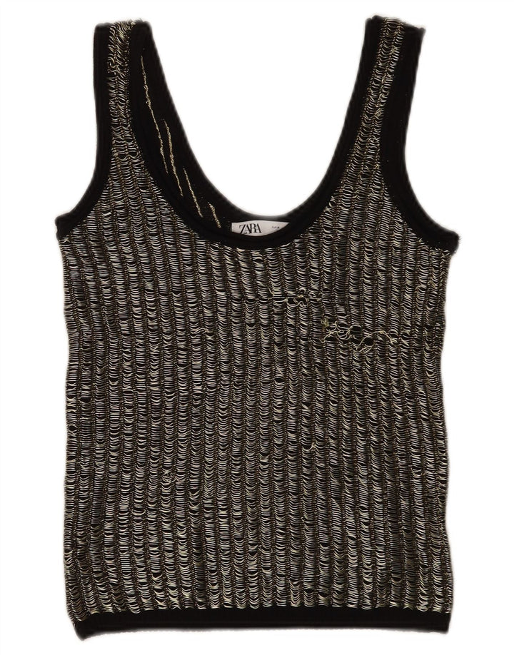Zara Womens Crop Vest Top UK 12 Medium Black Striped Viscose