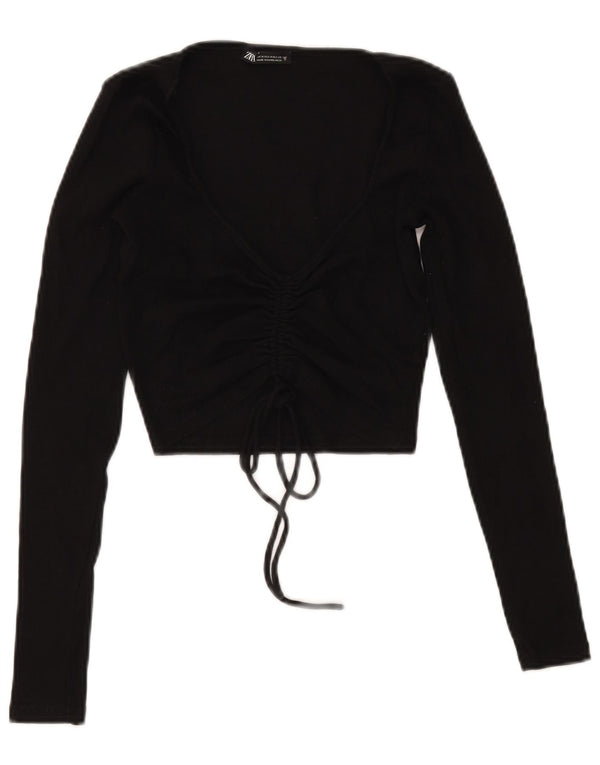 Zara Womens Crop Front Tie Top Long Sleeve UK 12 Medium Black Cotton