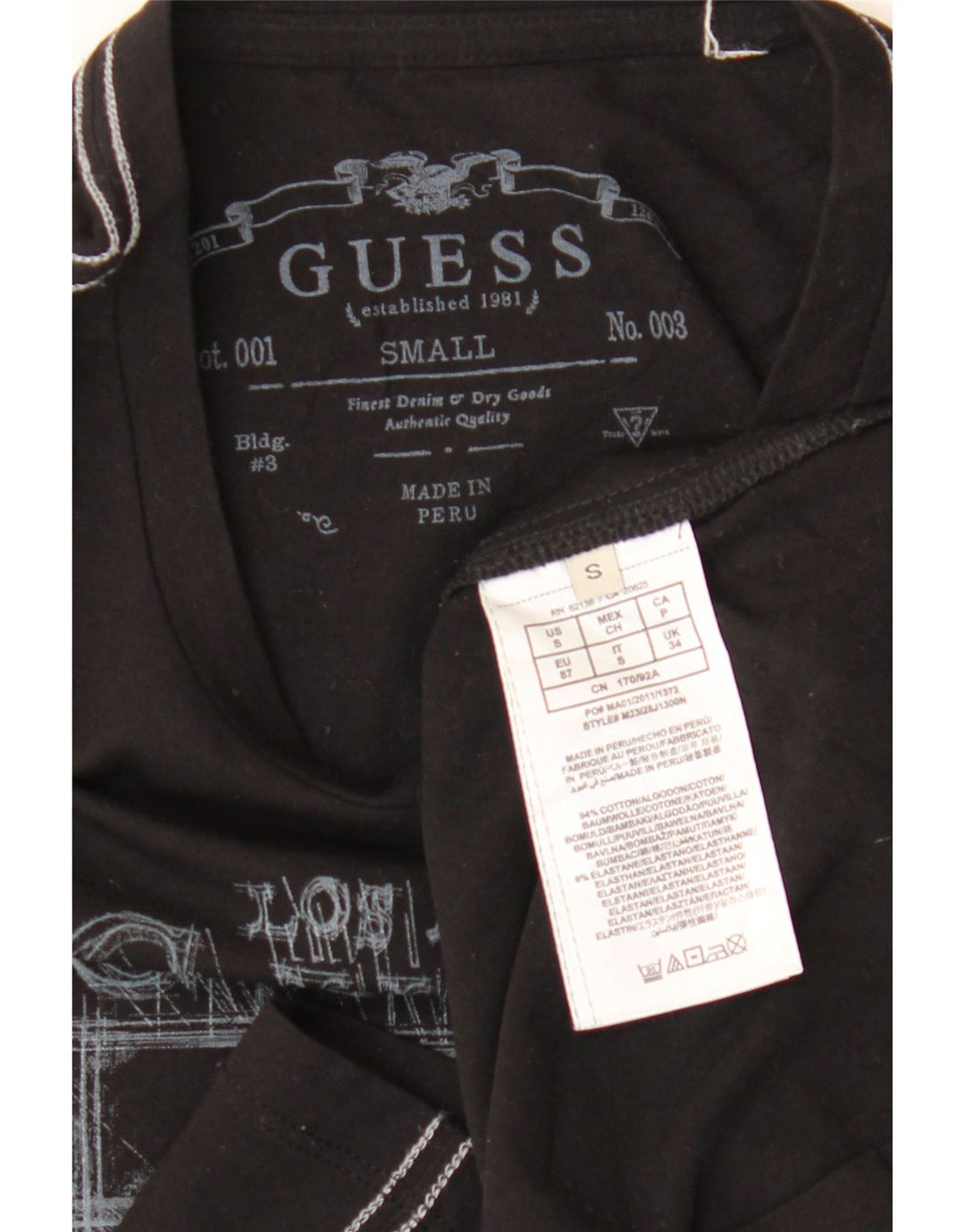 Guess Mens Graphic Top Long Sleeve Small Black Cotton
