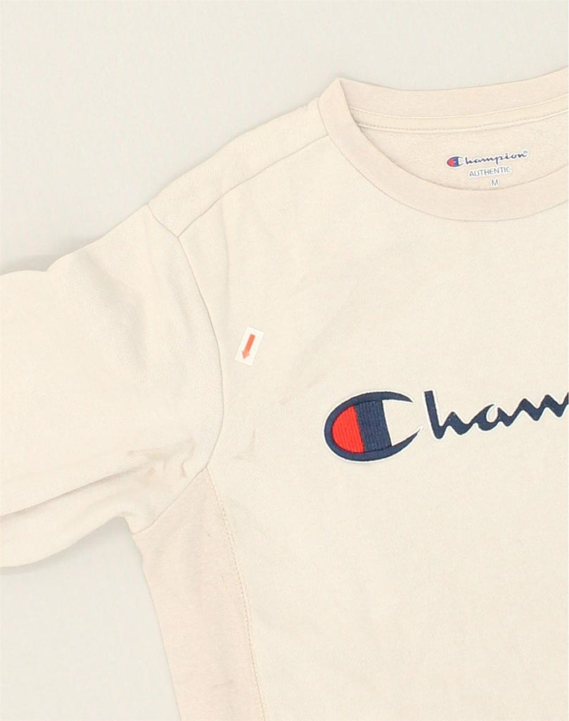 CHAMPION Womens Graphic Sweatshirt Jumper UK 12 Medium Off White Cotton | Vintage Champion | Thrift | Second-Hand Champion | Used Clothing | Messina Hembry 