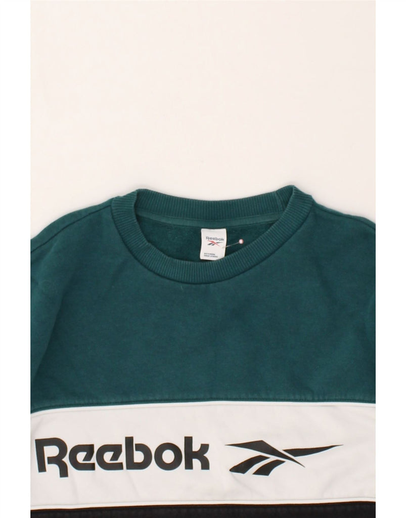 REEBOK Mens Graphic Sweatshirt Jumper Small Green Colourblock Cotton | Vintage Reebok | Thrift | Second-Hand Reebok | Used Clothing | Messina Hembry 