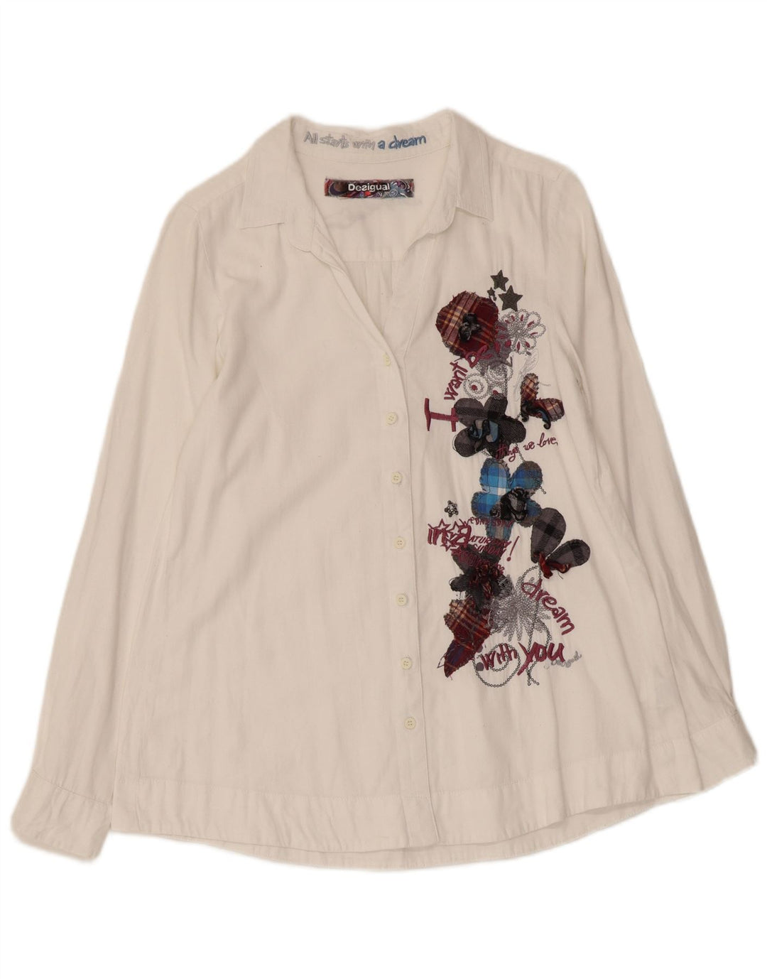 DESIGUAL Womens Graphic Shirt UK 10 Small White Floral Cotton