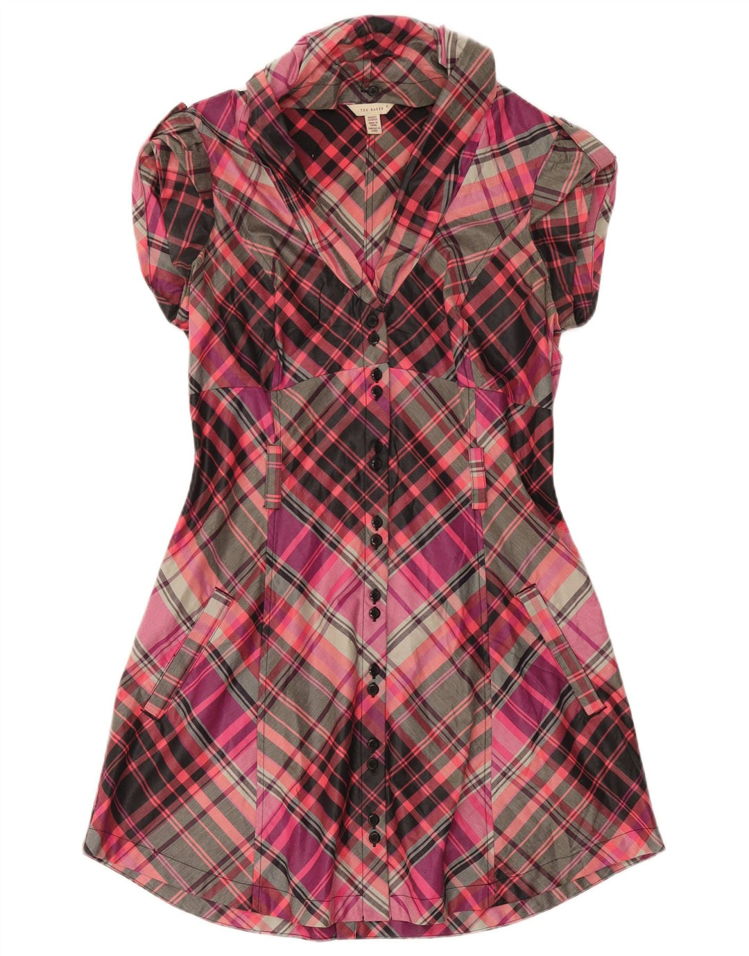 Ted Baker Womens Short Sleeves Shirt Dress Size 3 Medium Pink Check Cotton