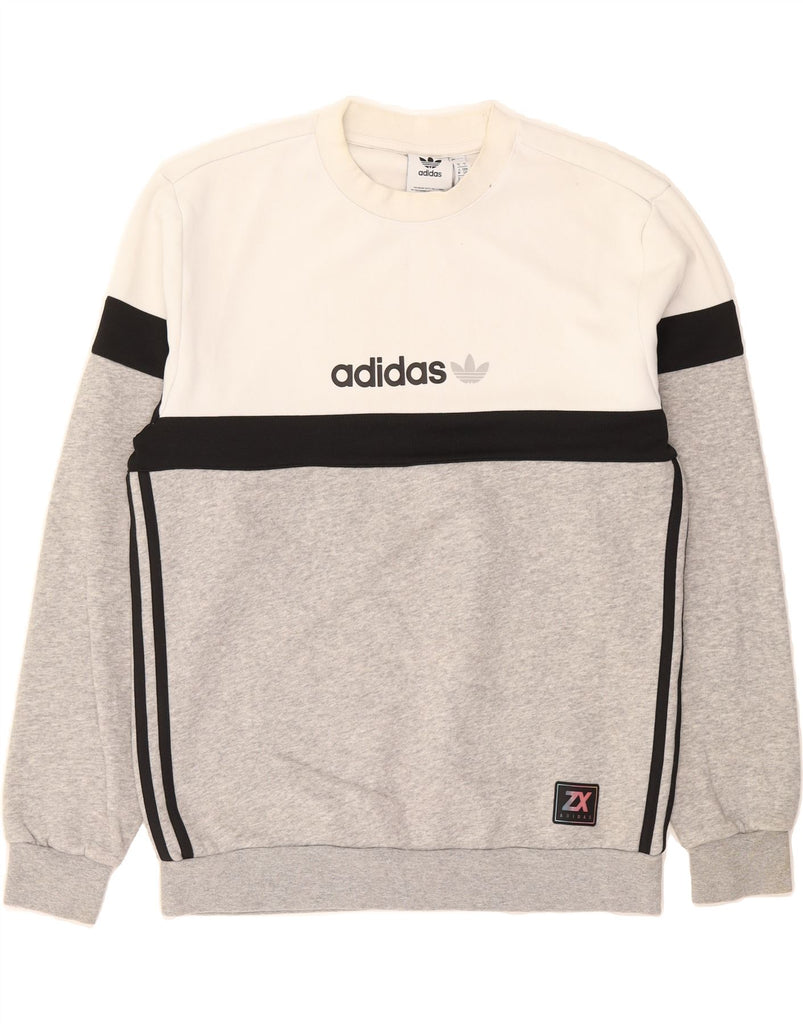 ADIDAS Mens Graphic Sweatshirt Jumper Small Grey Colourblock Cotton Vintage Adidas and Second-Hand Adidas from Messina Hembry 