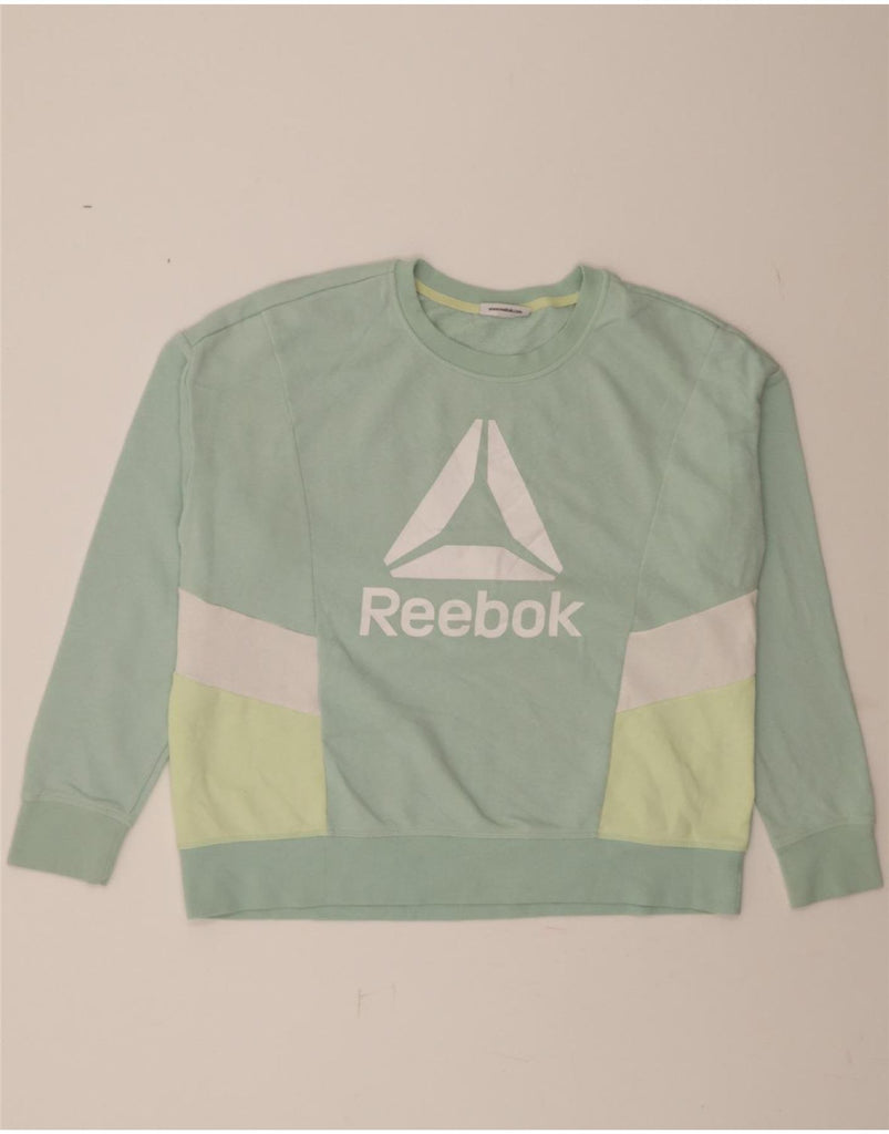 REEBOK Womens Graphic Sweatshirt Jumper UK 18 XL Green Colourblock Vintage Reebok and Second-Hand Reebok from Messina Hembry 