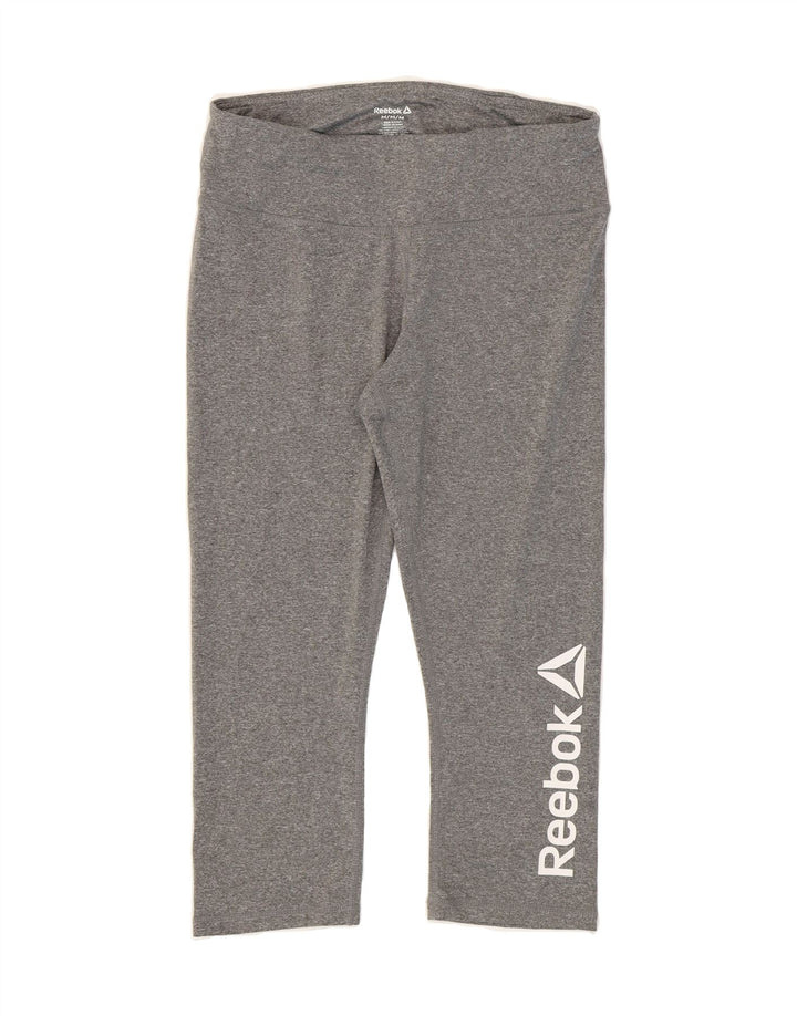 REEBOK Womens Graphic Capri Leggings UK 12 Medium Grey Polyester Vintage Reebok and Second-Hand Reebok from Messina Hembry 