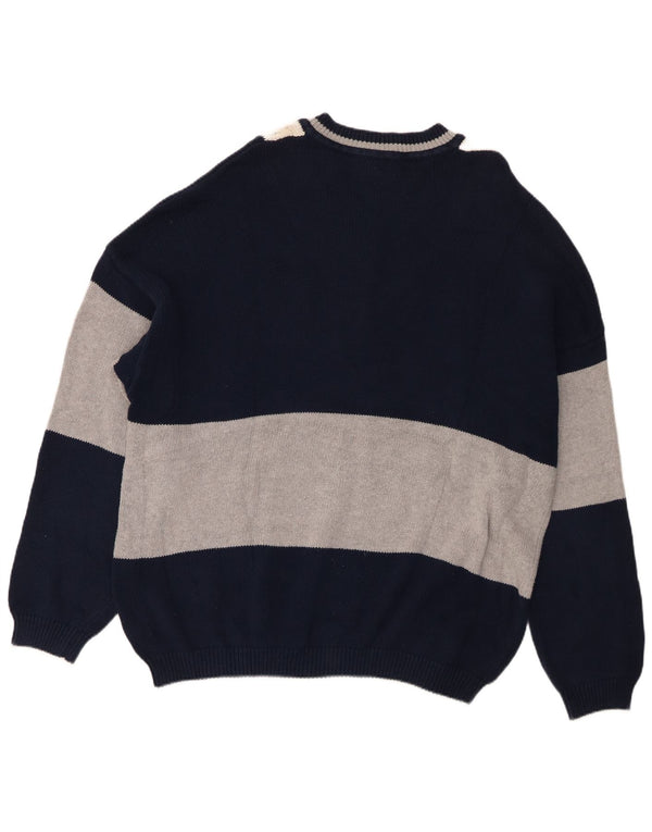 Sisley Mens Graphic V-Neck Jumper Sweater XL Navy Blue Colourblock Cotton