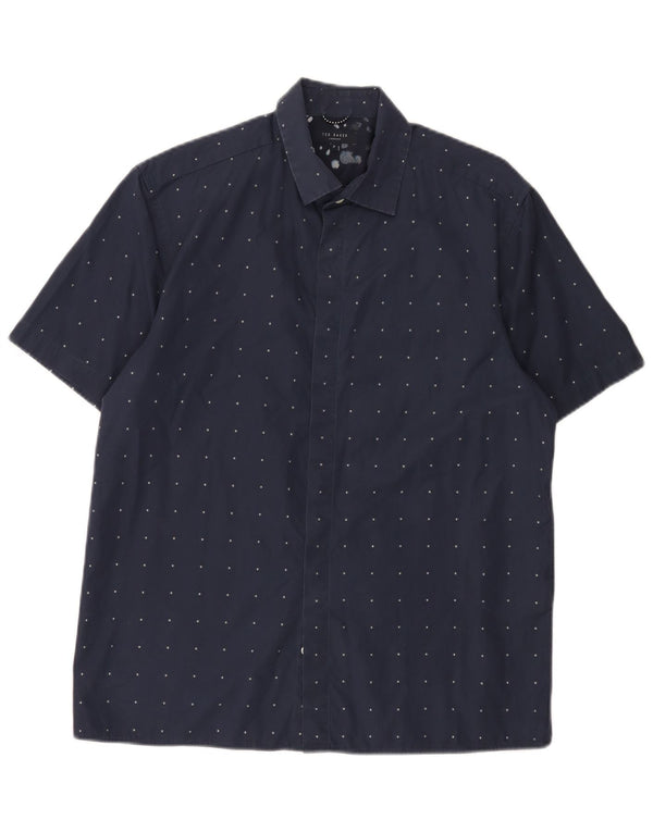 Ted Baker Mens Short Sleeve Shirt Size 3 Medium Navy Blue Geometric Cotton