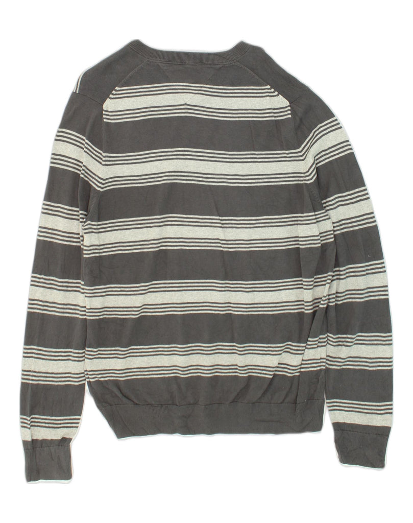 TOMMY HILFIGER Mens V-Neck Jumper Sweater Large Grey Striped Cotton | Vintage Tommy Hilfiger | Thrift | Second-Hand Tommy Hilfiger | Used Clothing | Messina Hembry 