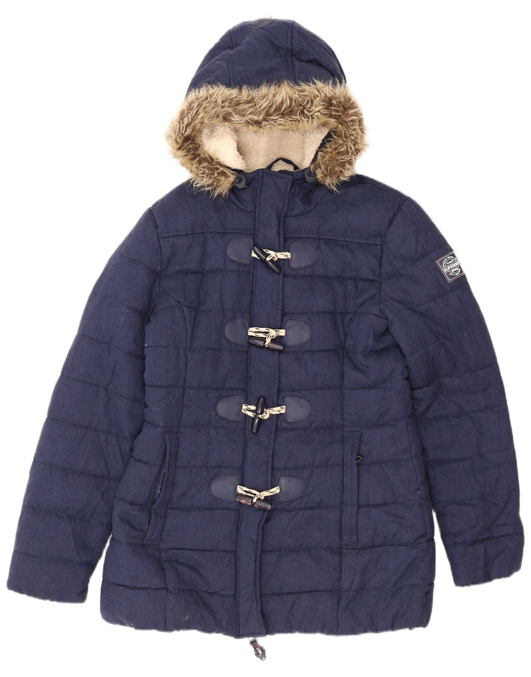 Superdry Womens Hooded Padded Jacket UK 16 Large Navy Blue Acrylic