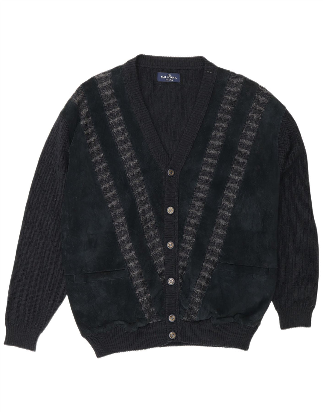 Malagrida Mens Cardigan Sweater XL Black Striped Wool