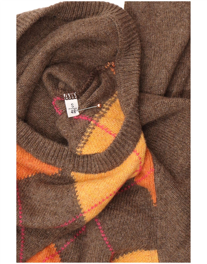 VINTAGE Mens Crew Neck Jumper Sweater IT 48 Small Brown Argyle/Diamond