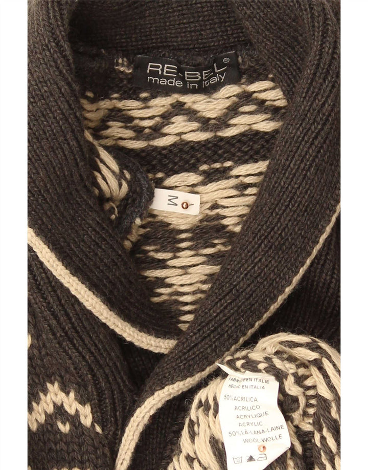Vintage Mens Shawl Neck Jumper Sweater Medium Grey Fair Isle Acrylic