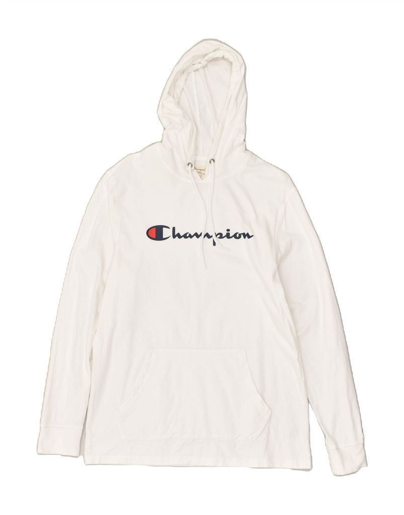 CHAMPION Mens Graphic Hoodie Jumper Medium White Cotton | Vintage Champion | Thrift | Second-Hand Champion | Used Clothing | Messina Hembry 