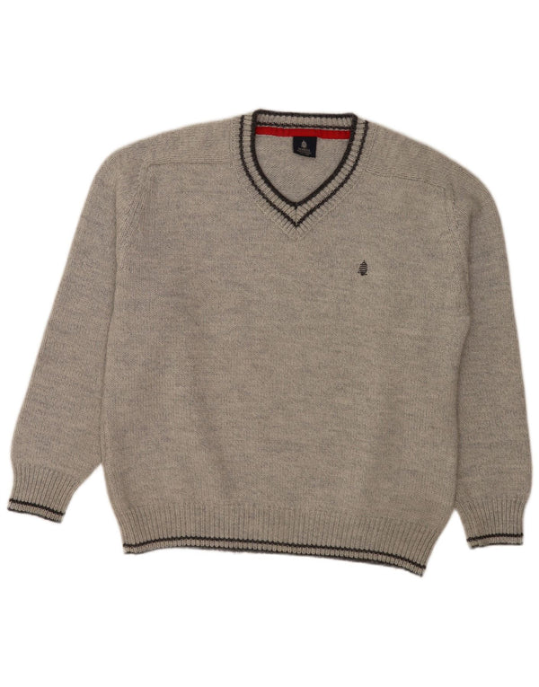Marina Yachting Mens V-Neck Jumper Sweater Large Grey Striped Virgin Wool