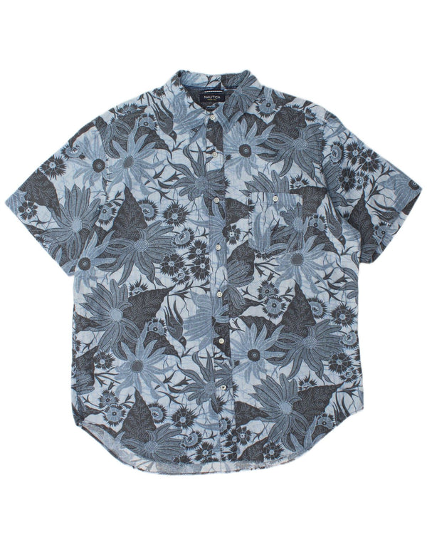 Nautica Mens Classic Fit Short Sleeve Shirt Large Blue Floral Linen