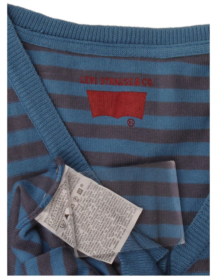 LEVI'S Mens V-Neck Jumper Sweater XL Blue Striped Cotton