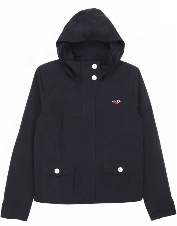 Hollister Womens Hooded Bomber Jacket UK 14 Large Navy Blue Cotton