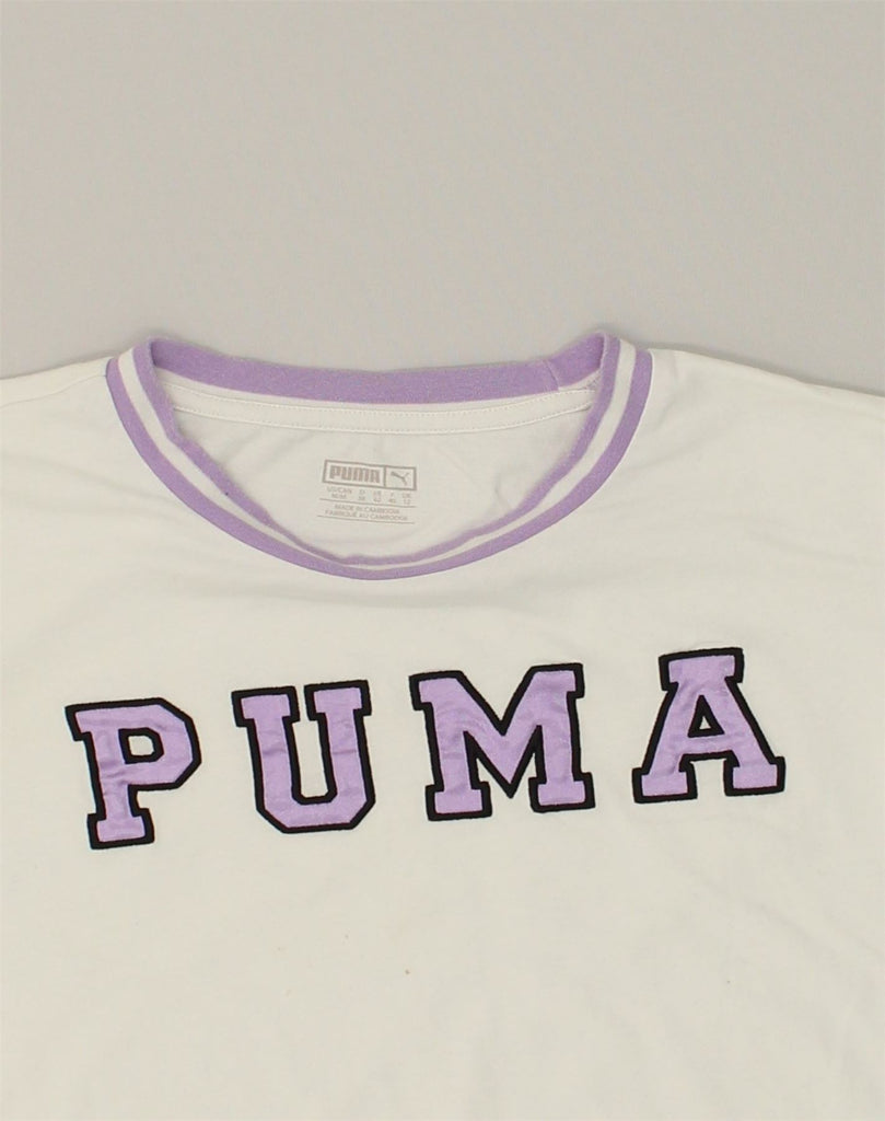 PUMA Womens Oversized Graphic Crop Top UK 12 Medium White Cotton | Vintage Puma | Thrift | Second-Hand Puma | Used Clothing | Messina Hembry 