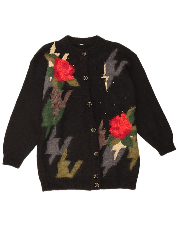Vintage Womens Jumper Sweater UK 16 Large Black Floral Acrylic