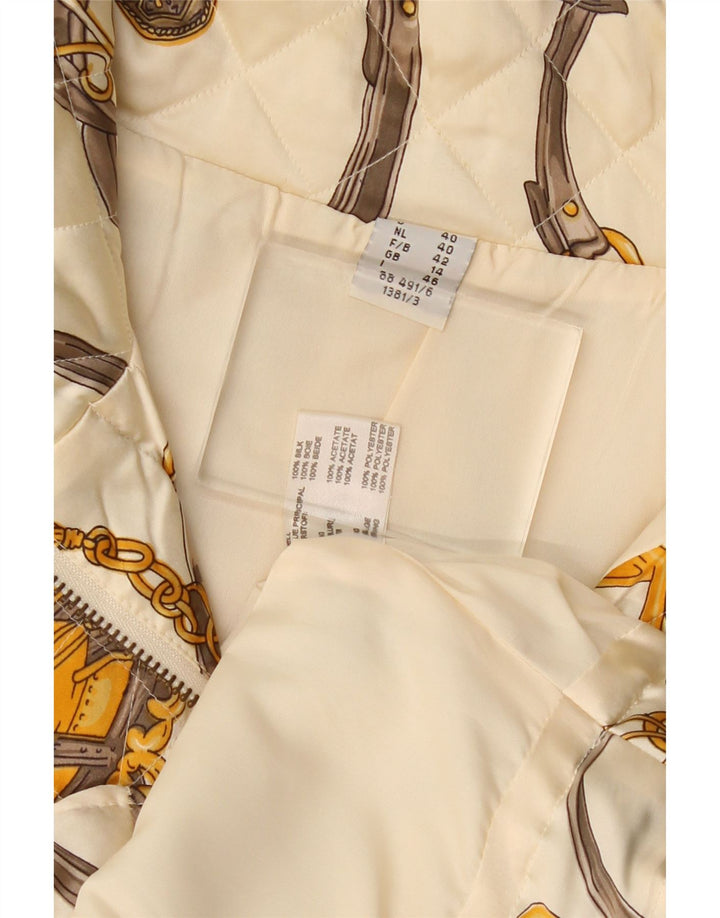 VINTAGE Womens Abstract Pattern Quilted Gilet UK 14 Large Off White Silk