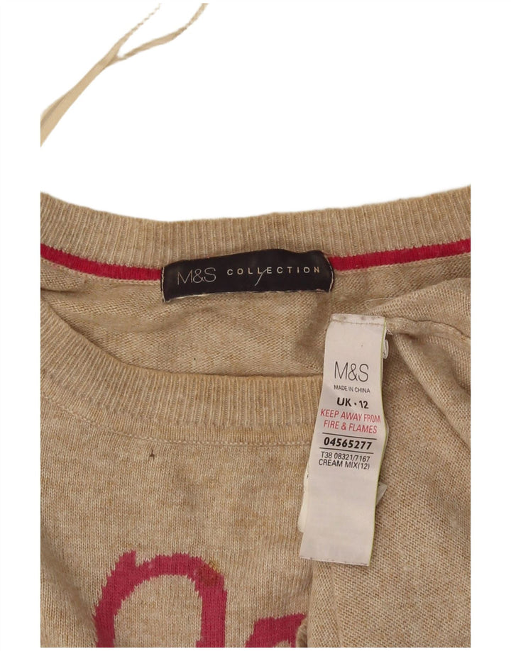 Marks & Spencer Womens Graphic Boat Neck Jumper Sweater UK 12 Medium Beige