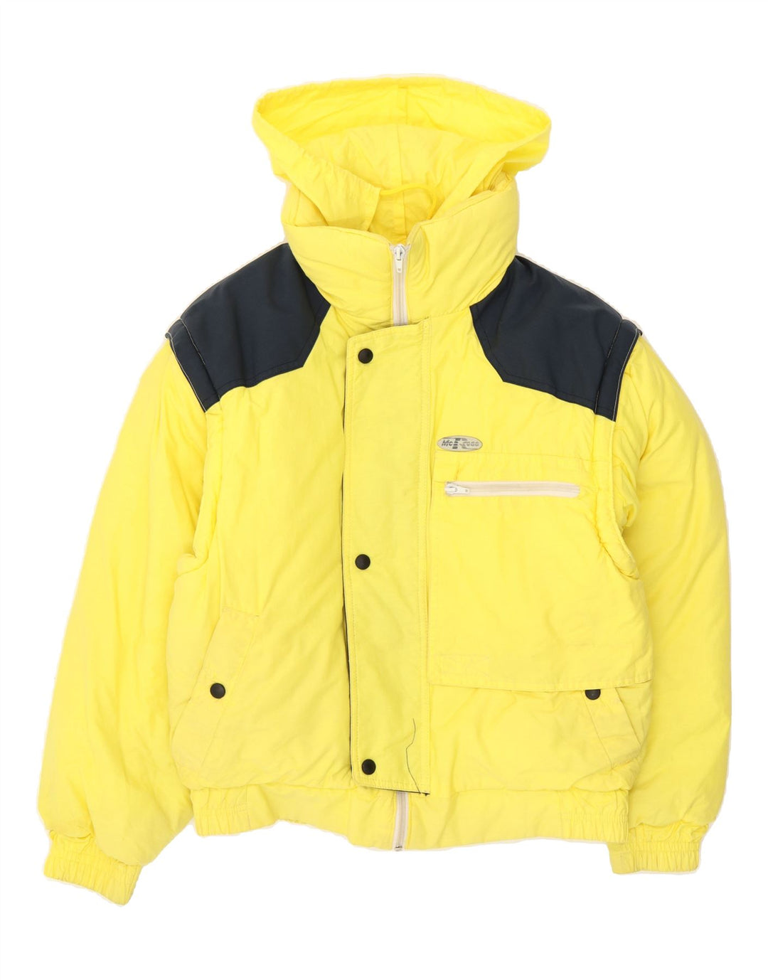 MC ROSS Womens Hooded Padded Jacket IT 42 Medium Yellow Colourblock Vintage MC Ross and Second-Hand MC Ross from Messina Hembry 