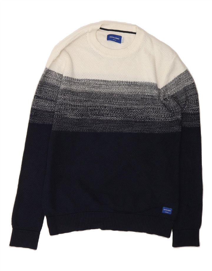 JACK & JONES Mens Crew Neck Jumper Sweater Medium Navy Blue Colourblock Vintage Jack & Jones and Second-Hand Jack & Jones from Messina Hembry 
