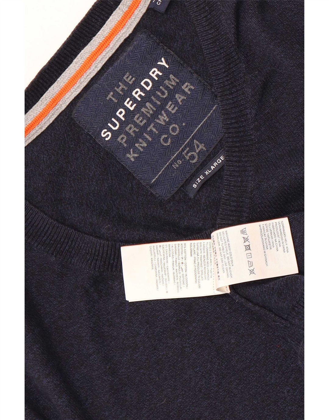 Superdry Mens V-Neck Jumper Sweater XL Navy Blue Cotton