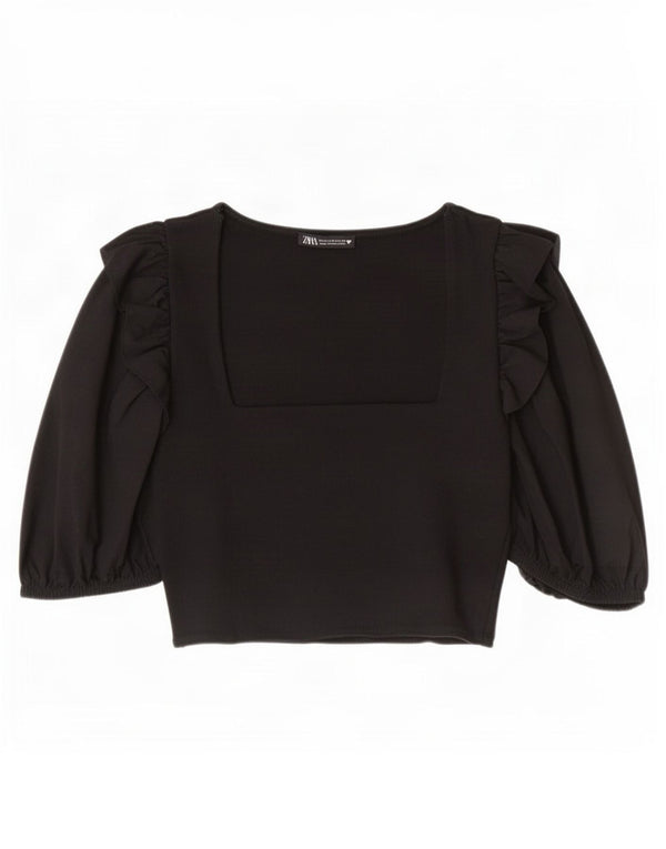 Zara Womens 3/4 Sleeve Crop Top UK 12 Medium Black Cotton
