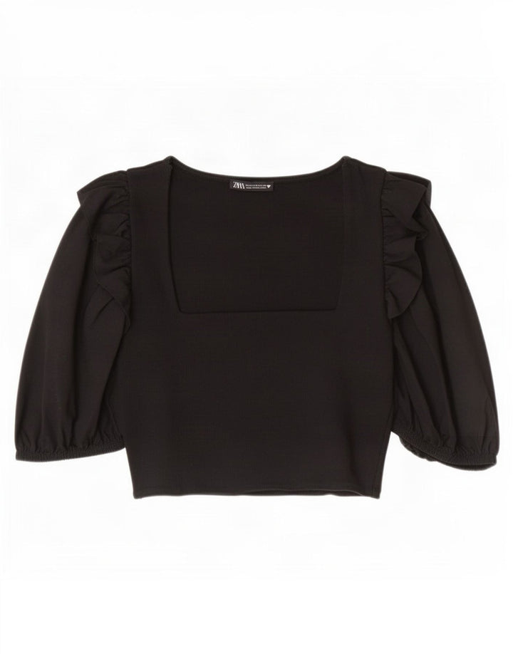 Zara Womens 3/4 Sleeve Crop Top UK 12 Medium Black Cotton