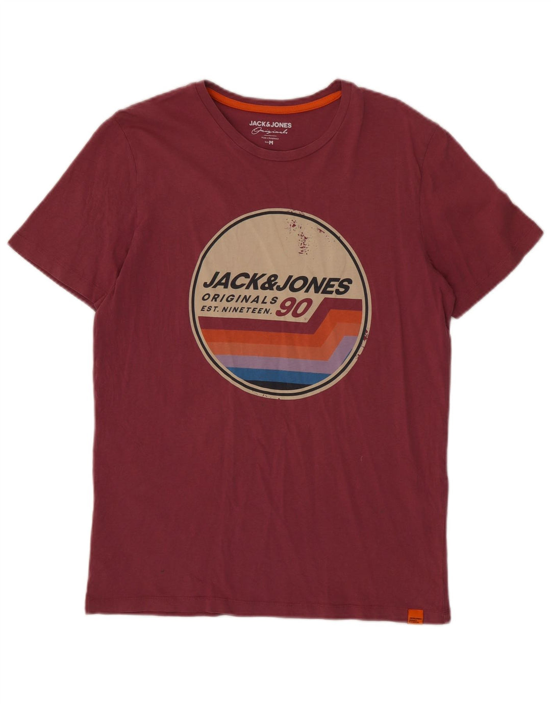 JACK & JONES Mens Graphic T-Shirt Top Medium Burgundy Cotton