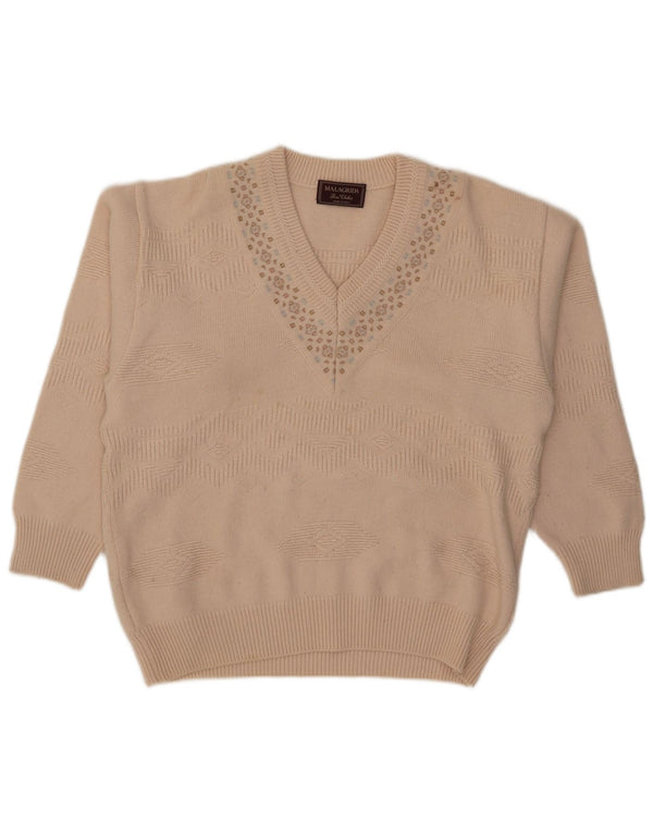 Malagrida Womens V-Neck Jumper Sweater UK 18 XL Beige Geometric