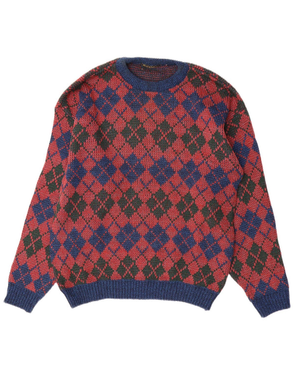 Vintage Mens Crew Neck Jumper Sweater Medium Red Argyle/Diamond