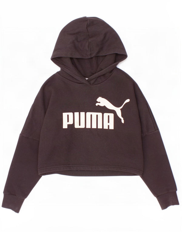 Puma Girls Crop Graphic Hoodie Jumper 9-10 Years Black Cotton